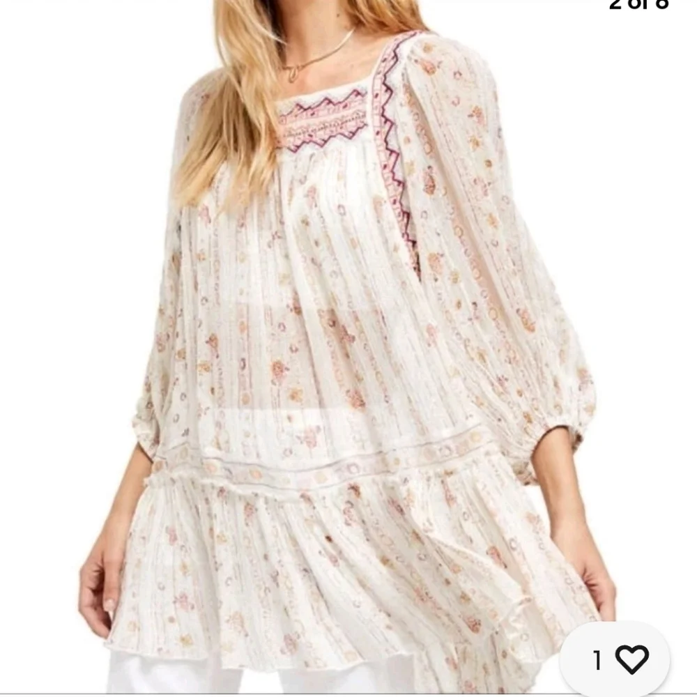 Free People Cream and Pink Embroidered Blouse - Picture 2 of 4